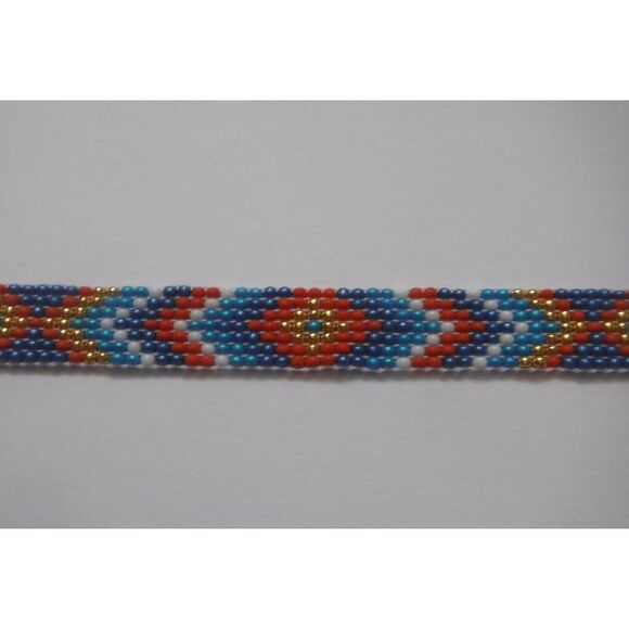 Beaded Hat Band Blue, Orange, Teal, White & Gold w/ Leather - Picture 3 of 5